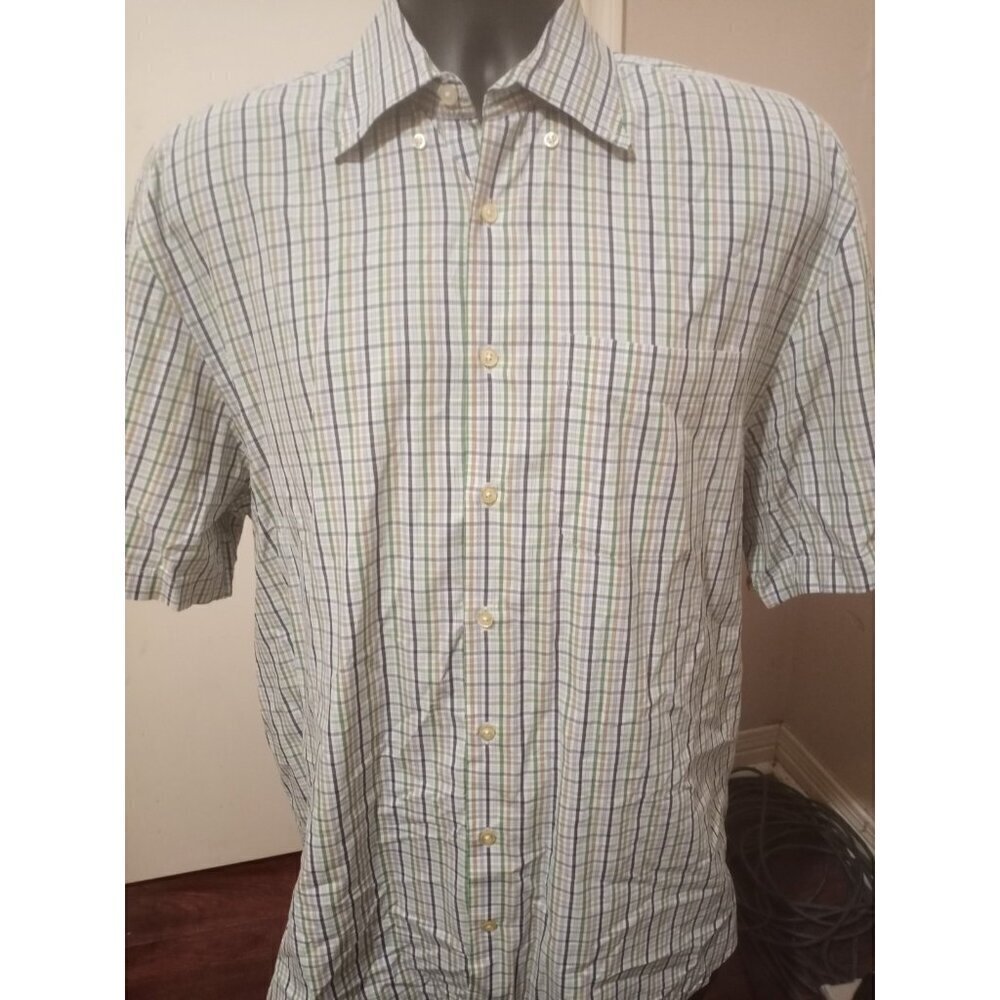Peter Millar Shirt Mens XL Short Sleeve Button Up Blue Orange Green Check